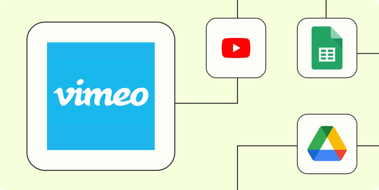 A hero image of the Vimeo app logo connected to other app logos on a light yellow background.