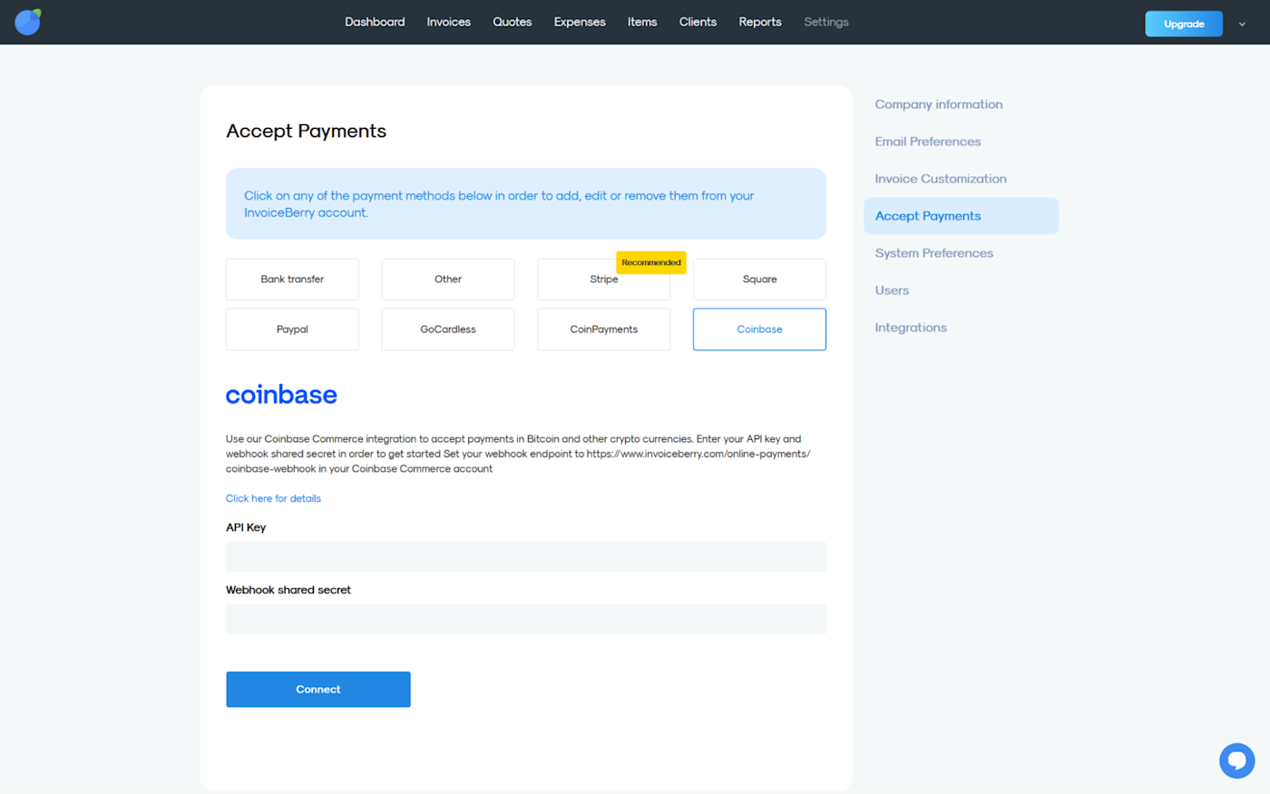 InvoiceBerry, our pick for the best invoice app for invoicing in crypto