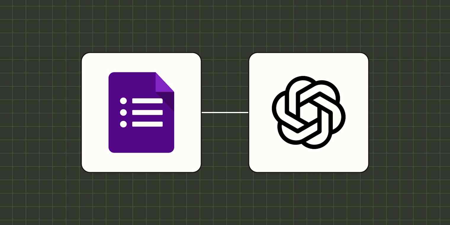 Le logo Google Forms connecté au logo ChatGPT sur un fond vert