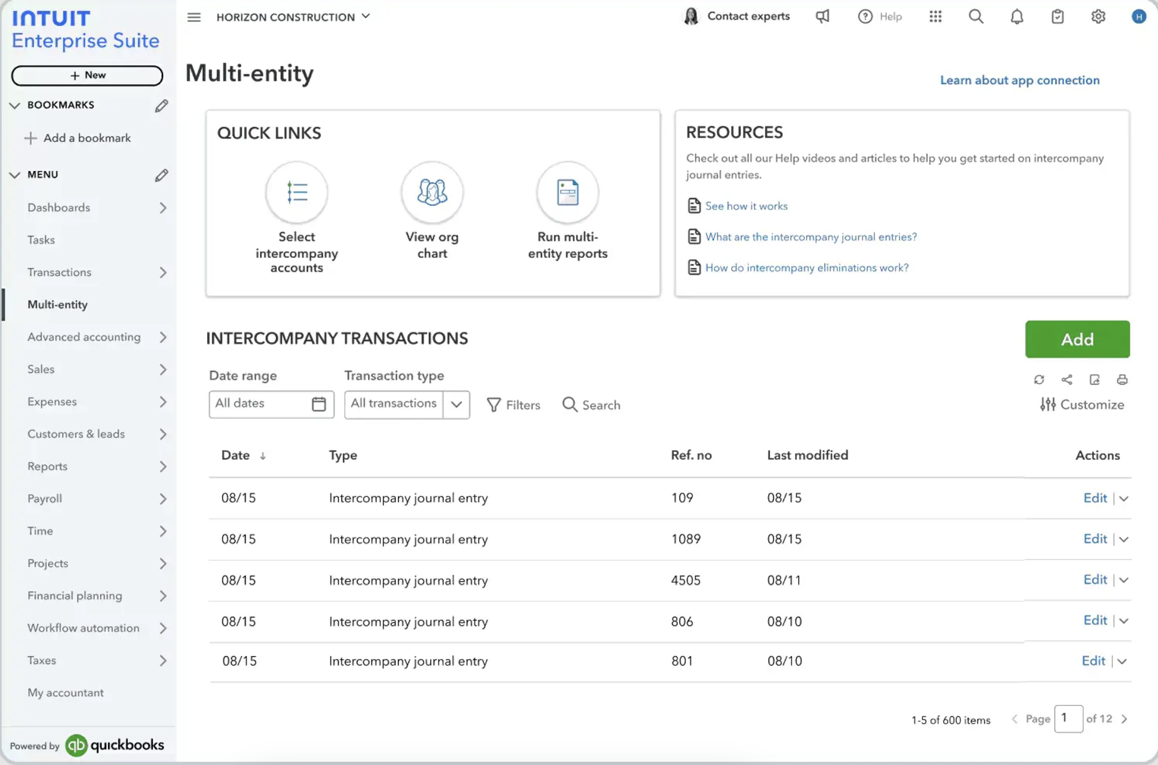 A screenshot of QuickBooks Enterprise, a finance automation software.