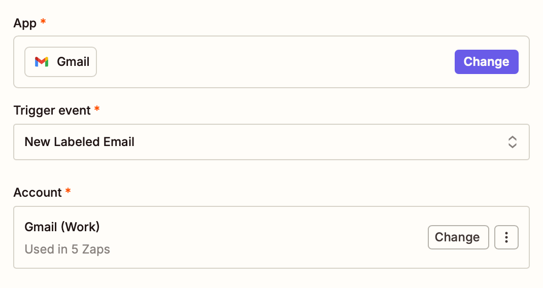 A trigger step in a Zap editor with Gmail selected as the trigger app and New Labeled Email selected for the trigger event.