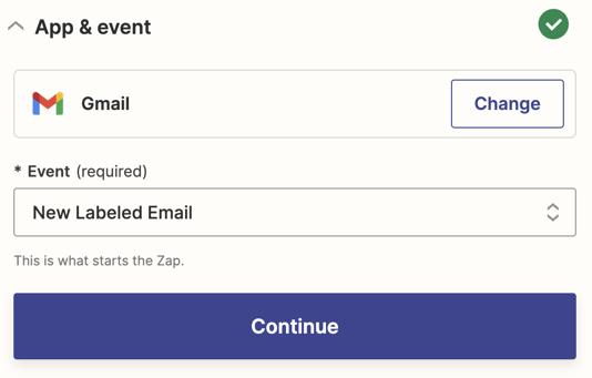 A trigger step in a Zap editor with Gmail selected as the trigger app and New Labeled Email selected for the trigger event.