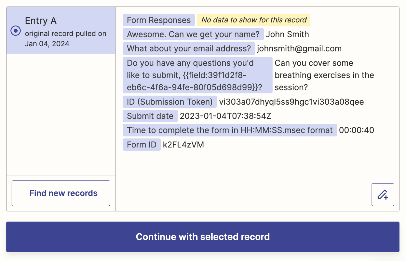 Sample Typeform form responses in the Zap editor.