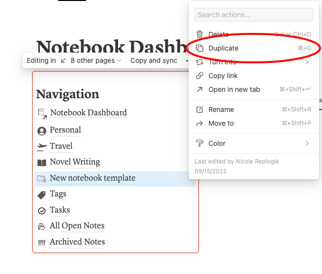 Duplicating a notebook in Notion