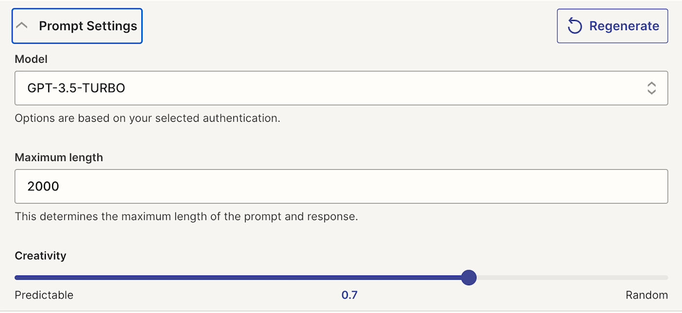 Click the dropdown to select a different AI model, change the maximum length of your prompt and response, and drag the slider to adjust the creativity level.