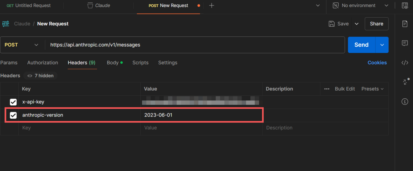 Filling in the anthropic-version information in Postman