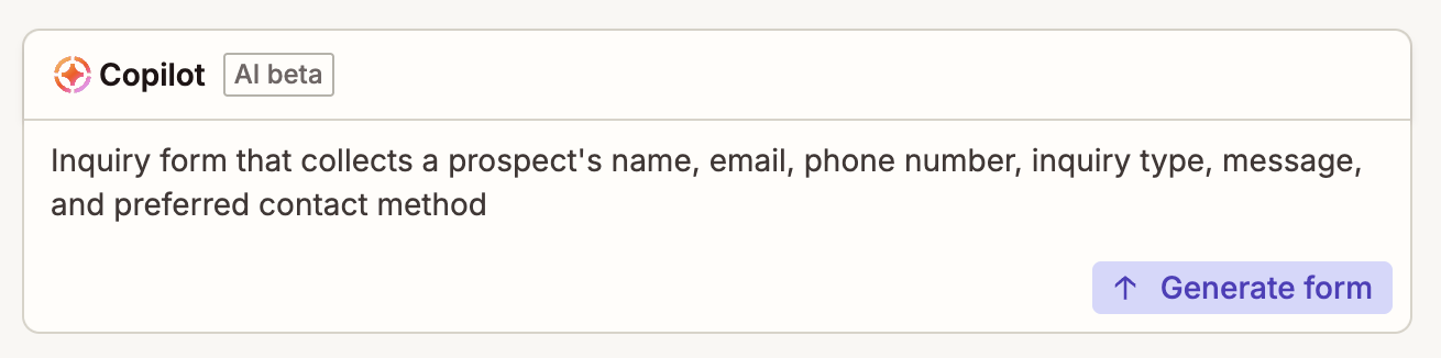 Copilot text box showing an inquiry form description with a purple Generate form button on the right
