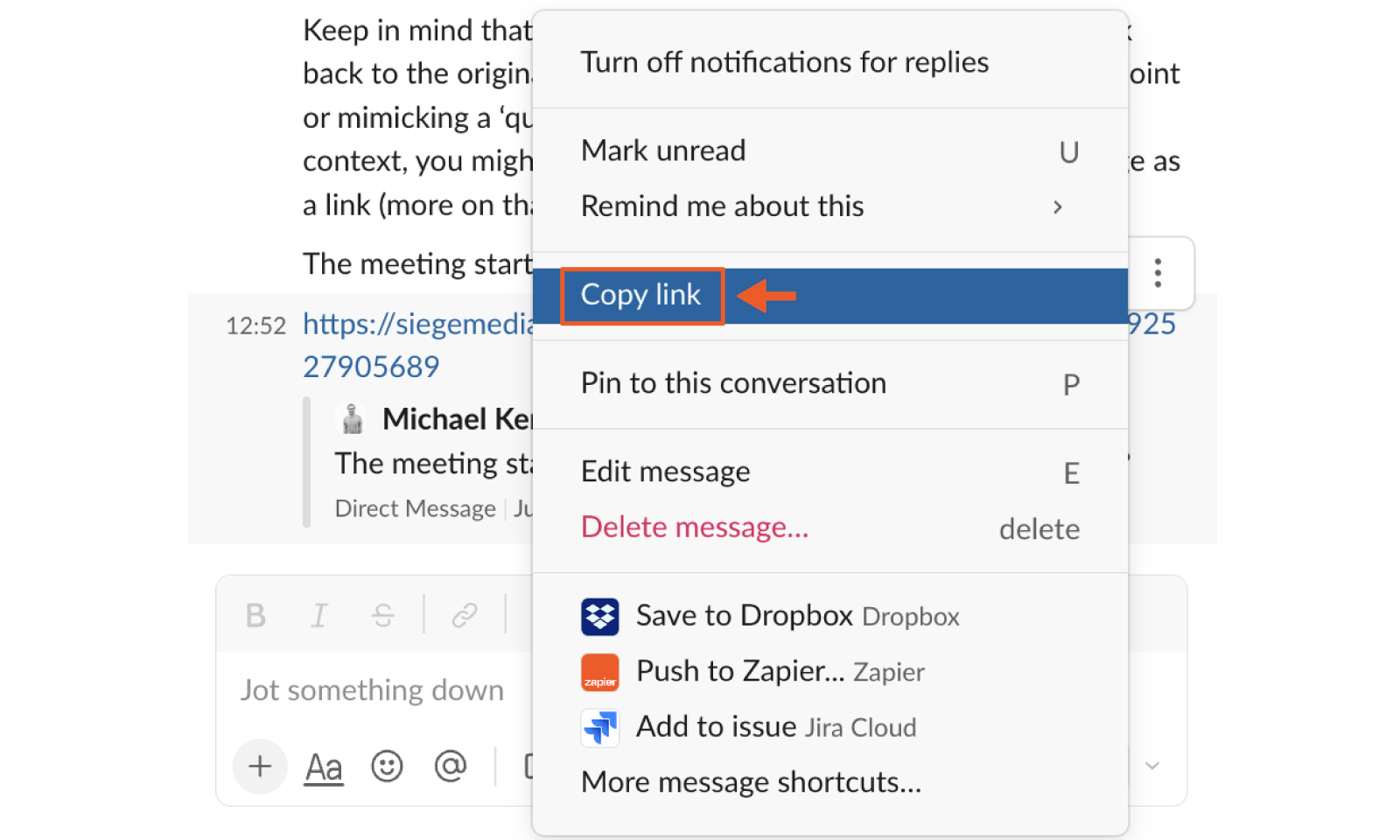 Screenshot showing where to copy a link to a previous message in Slack.