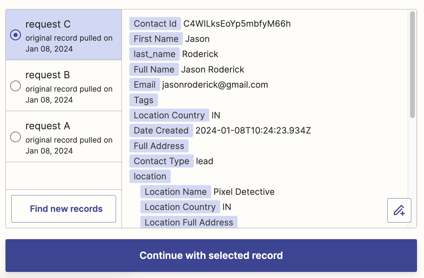 A list of webhooks sample data with one record selected.