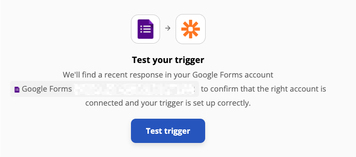 The Zapier editor prompts the user to test the trigger step. 
