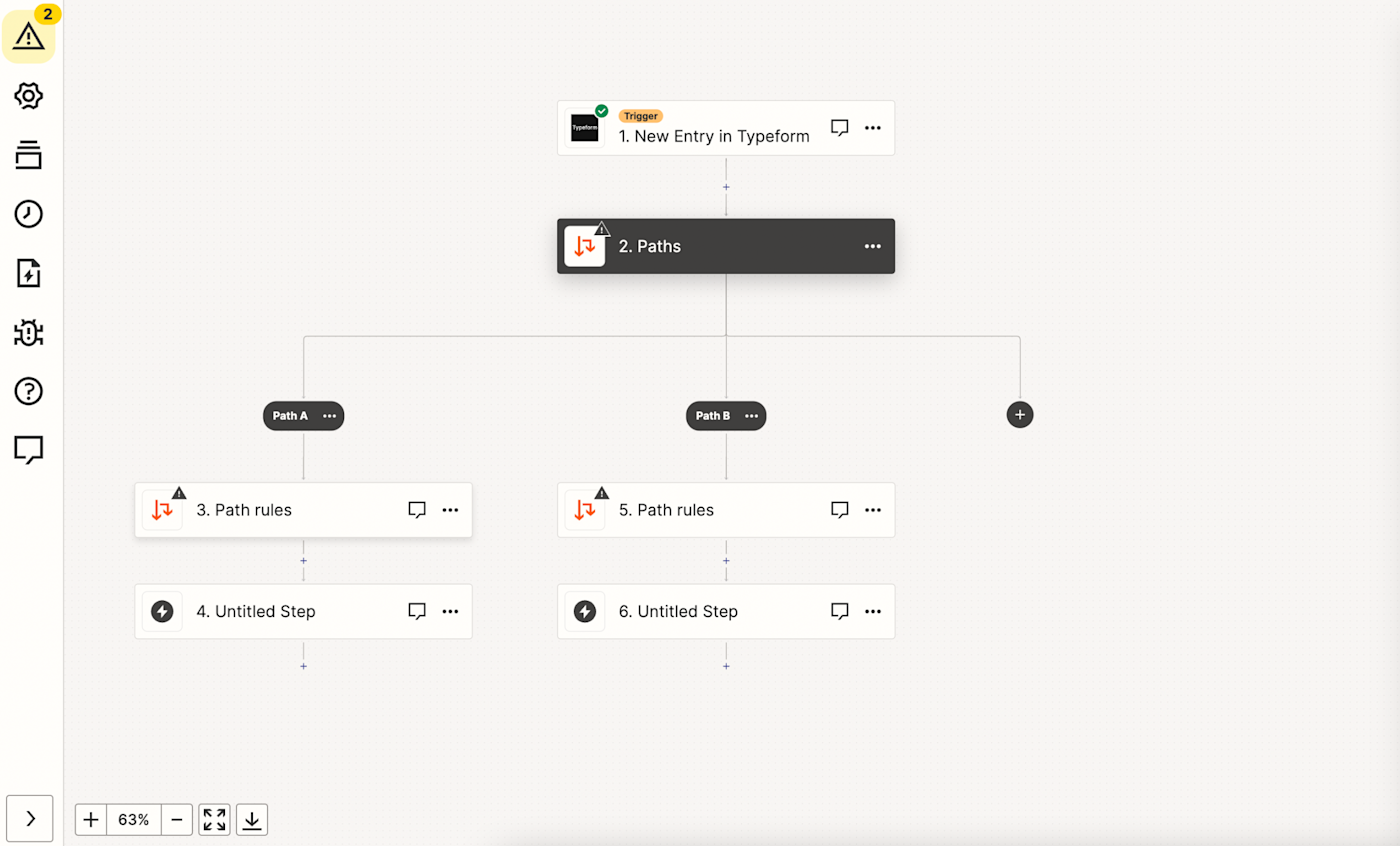 A Path step in the Zap editor with two paths and the option to add a third.