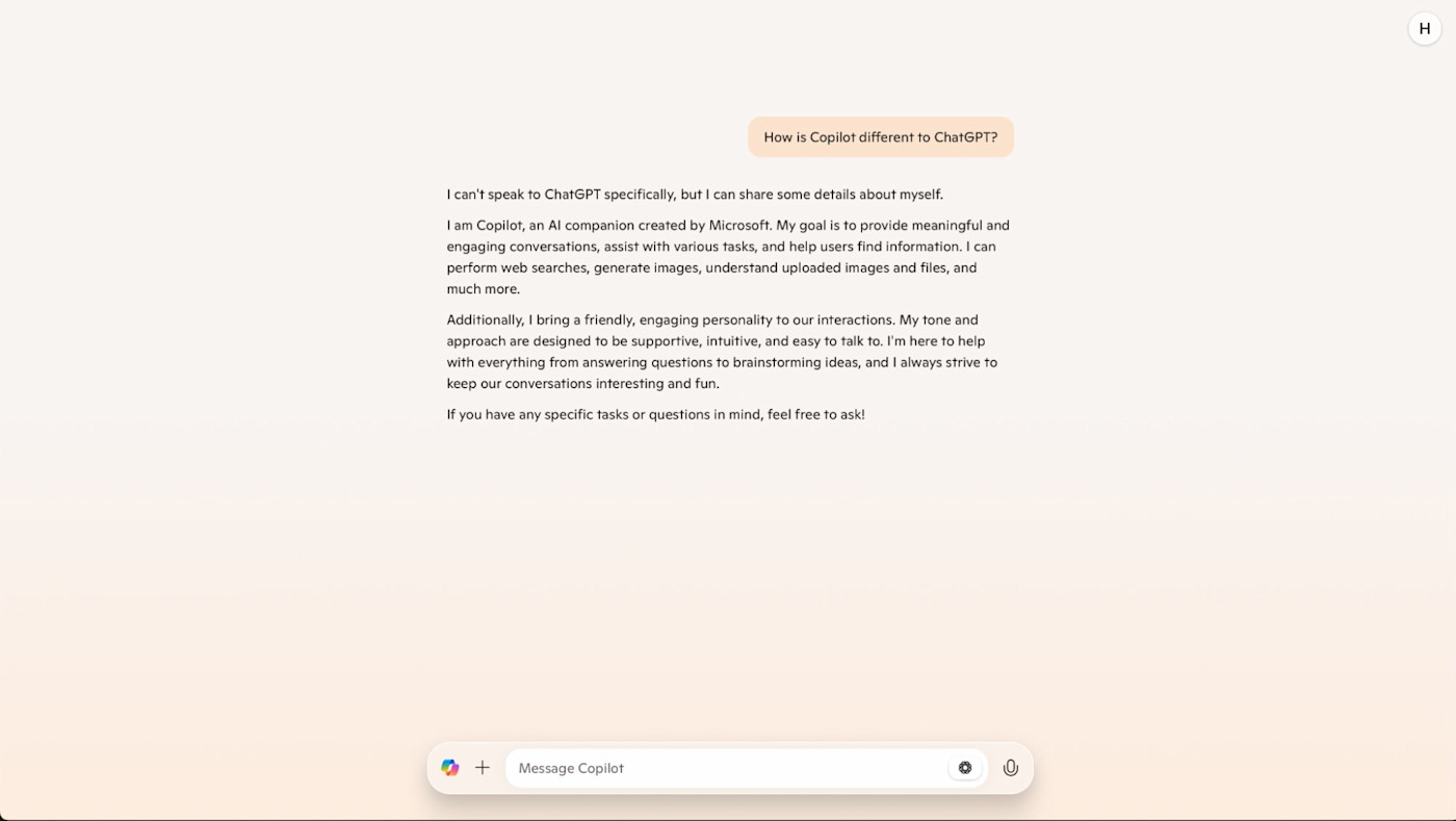 Asking Copilot how it's different from ChatGPT
