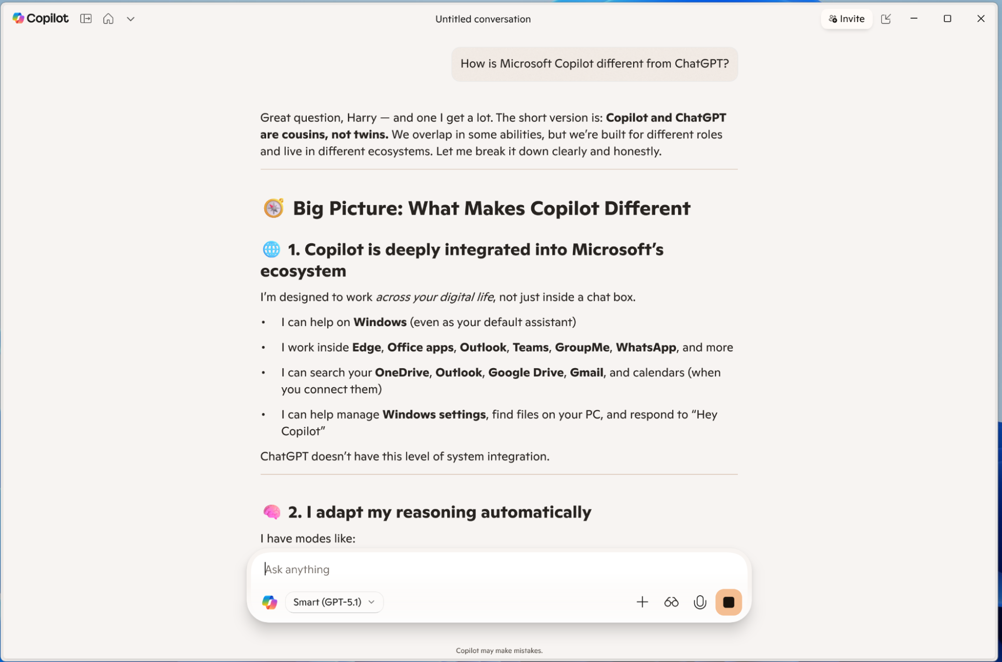 Asking Copilot how it's different from ChatGPT