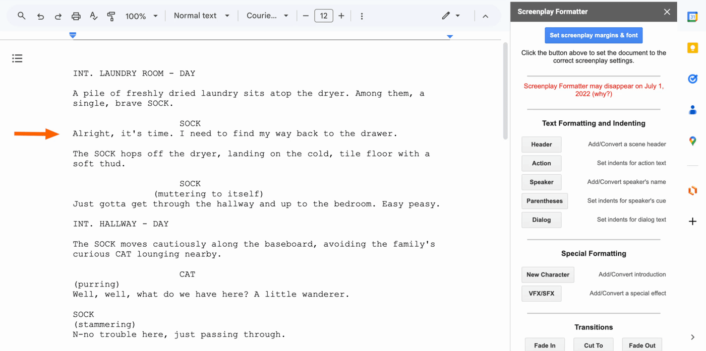Demo of how to apply screenplay formatting to a line of dialog using the Screenplay Formatter Google Docs add-on.