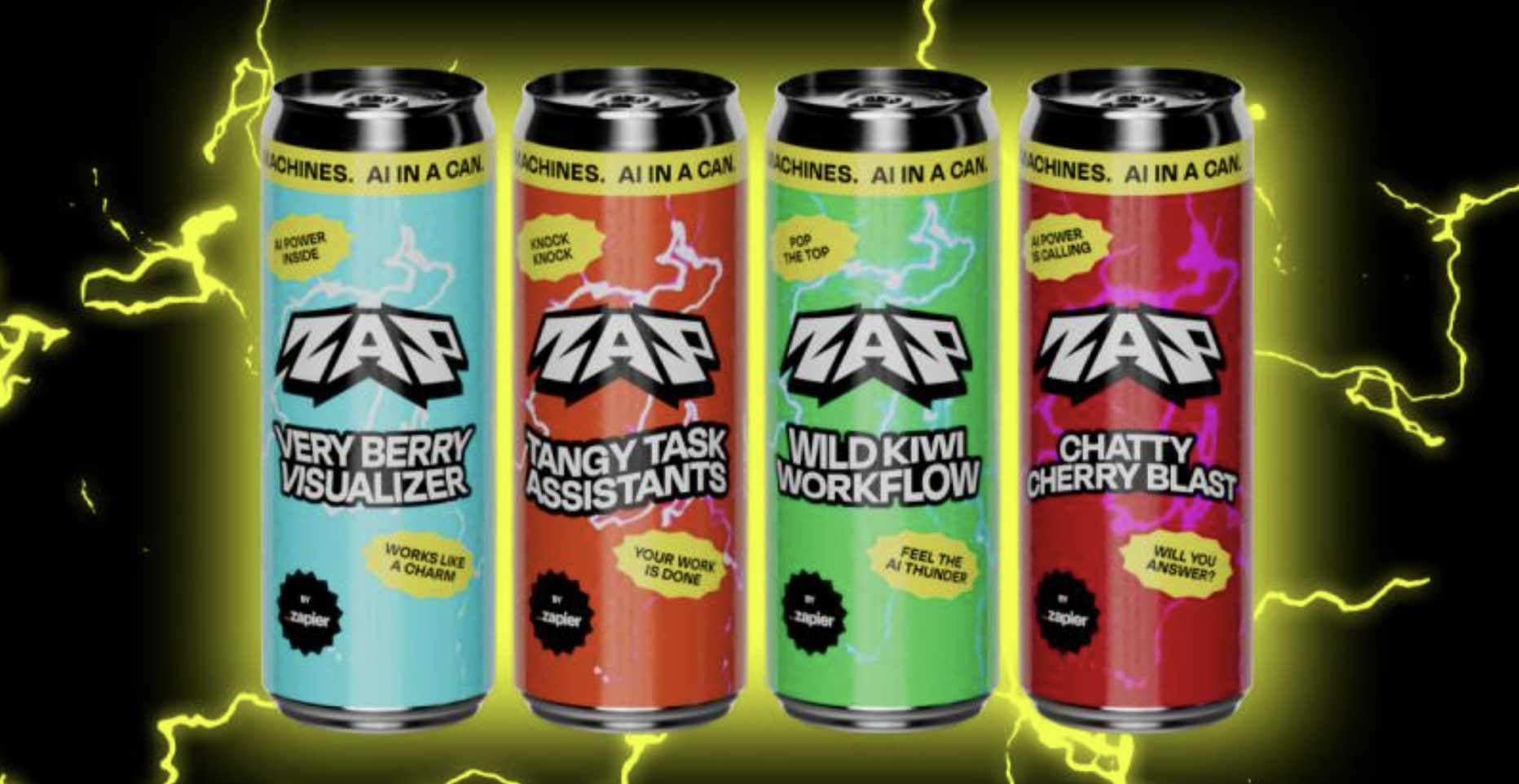 Zapier의 'AI in a Can' 캠페인에 사용된 가상의 에너지 드링크 캔 디자인들이다.
