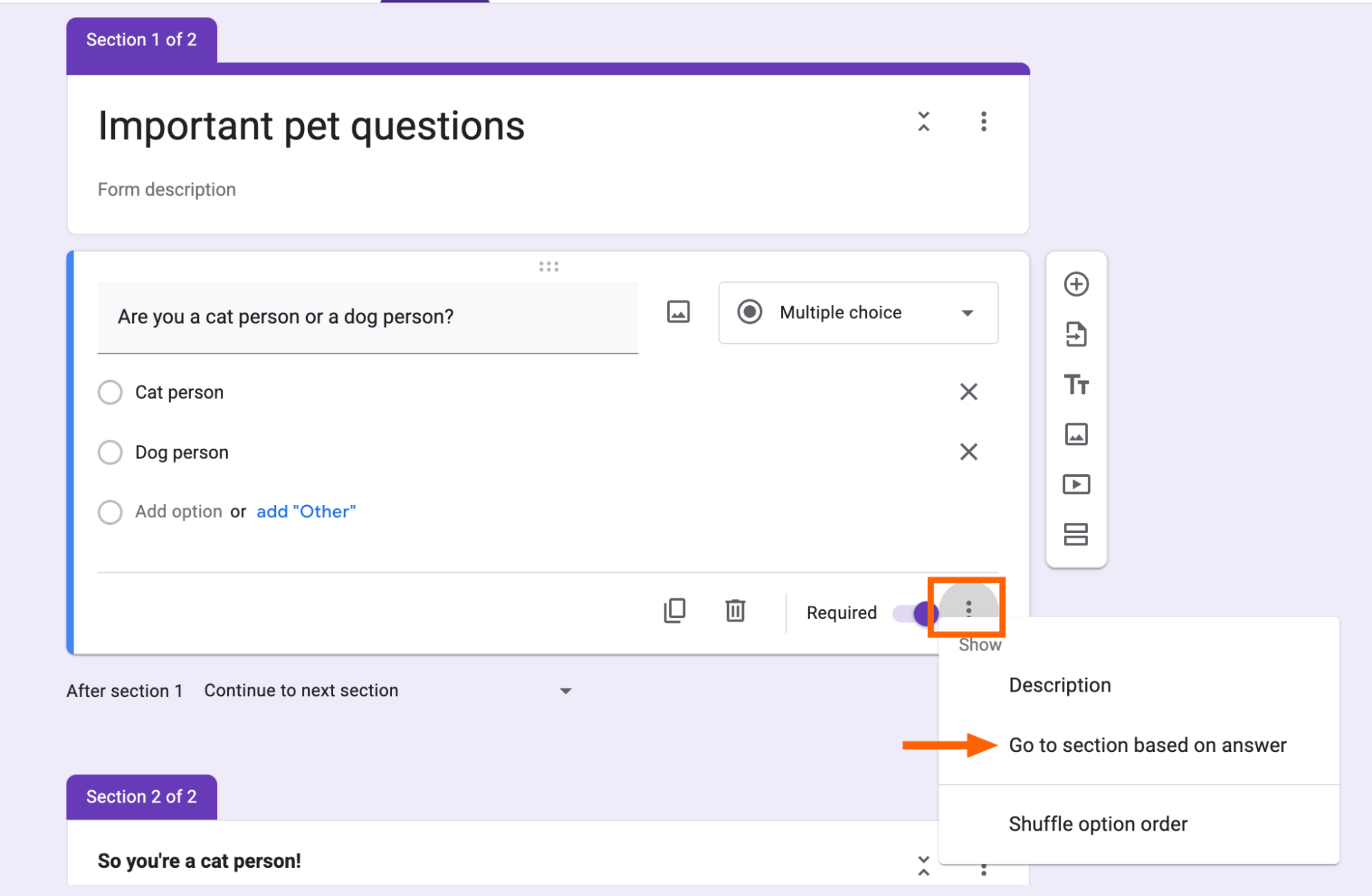 Expanded view of the options dropdown for a section in Google Forms with an arrow pointing to go to section based on arrow. 