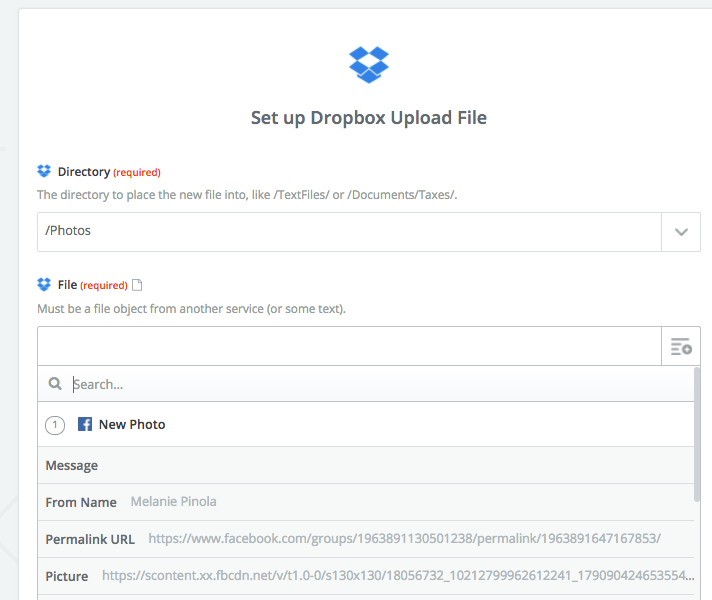 Facebook Groups Zap to Dropbox