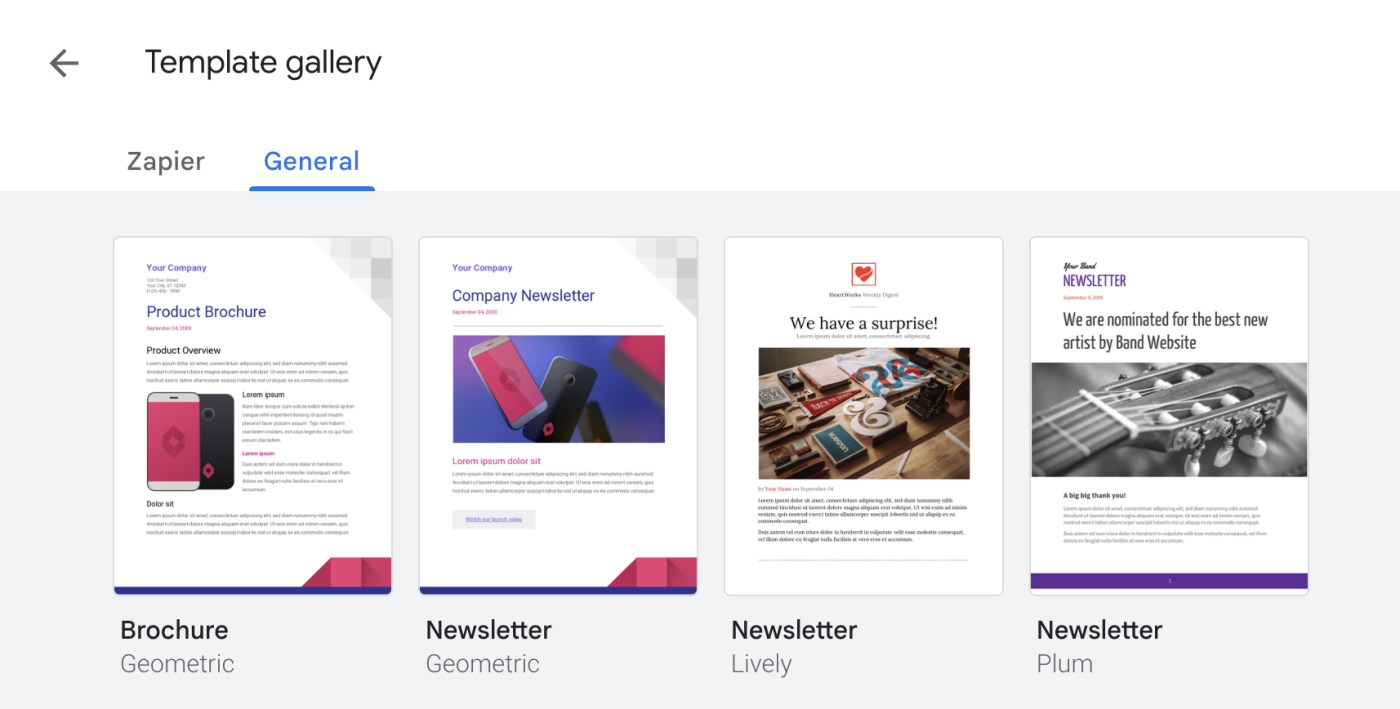 Newsletter templates in Google Docs. 