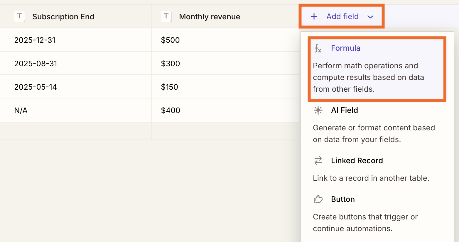 Screenshot of tables
