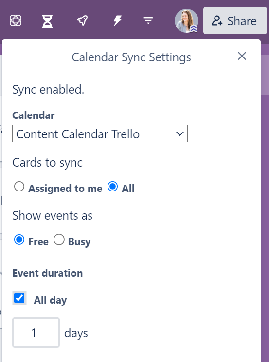 Calendar Sync settings with Cronofy for Trello