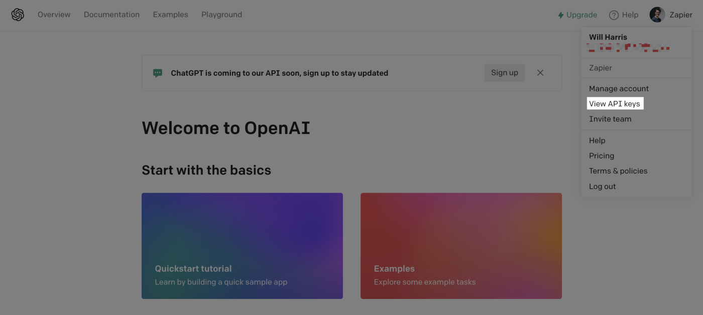 A screenshot of how to find your API key from the OpenAI API home page.
