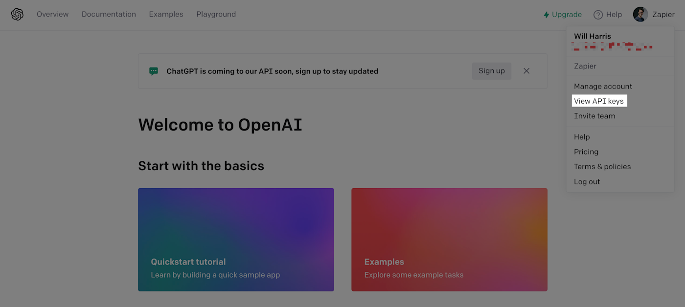 A screenshot of how to find your API key from the OpenAI API home page.