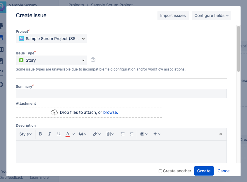 Jira issue creation screen