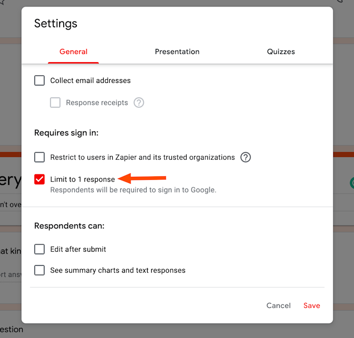 Checking the box limiting to one response