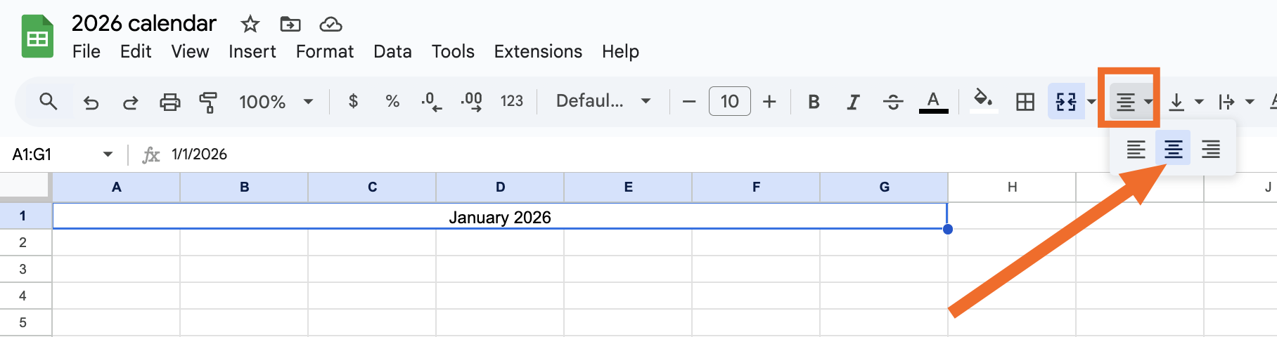Screenshot showing how to center text in Google Sheets.