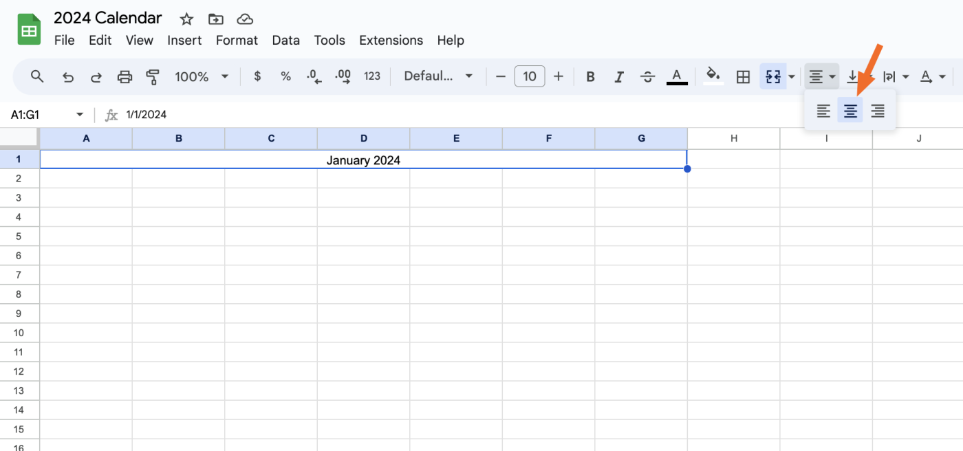 Screenshot showing how to center text in Google Sheets.