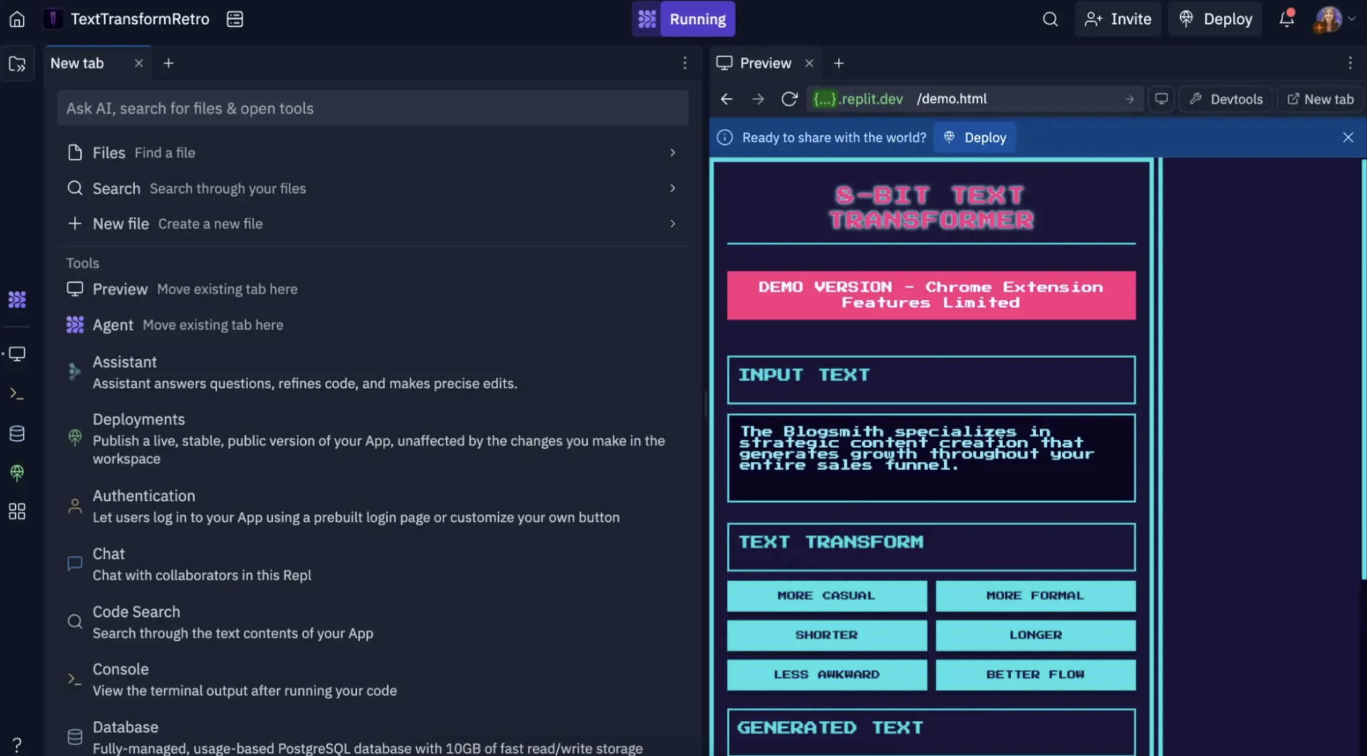 A screenshot of Replit, a Claude Code alternative.