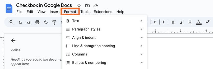 Screenshot of where to find the Format tab in Google Docs toolbar