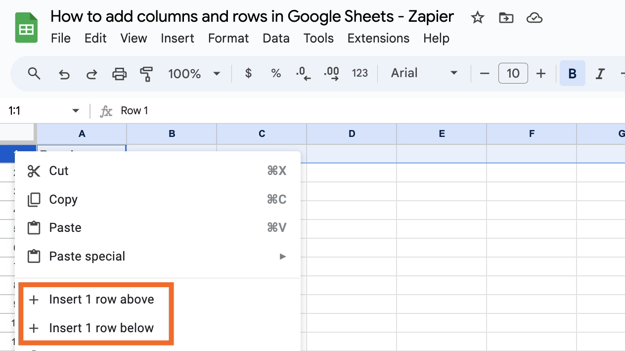 Adding a row by right-clicking in Google Sheets