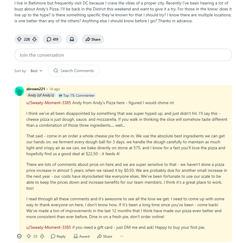 Andy of Andy's Pizza responding to a community post