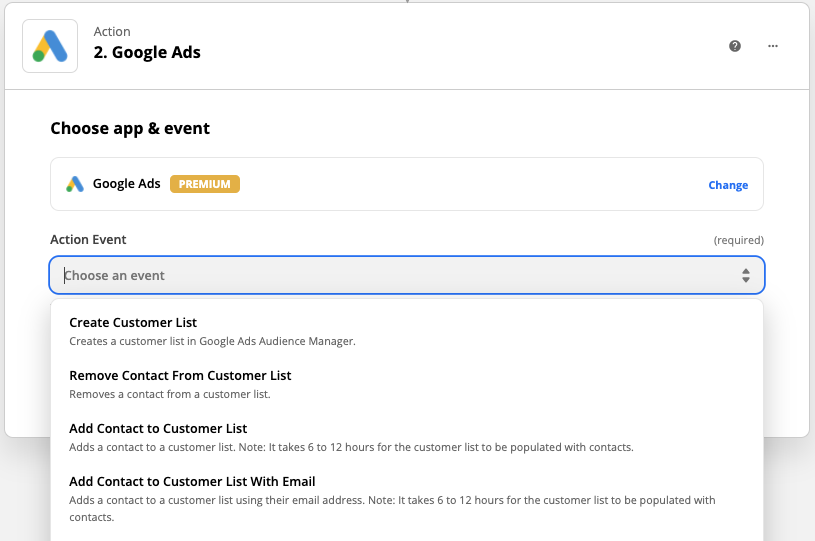 A Zapier screenshot showing Google Ads selected as the action app, and "create customer list," "remove contact from customer list," "add contact to customer list," and "add contact to customer list with email" shown in the dropdown menu.