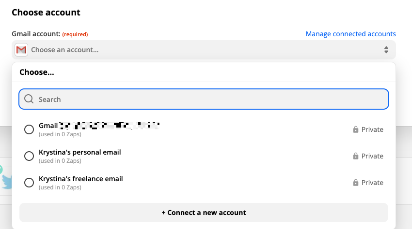 Choosing which Gmail account you want to connect to Zapier