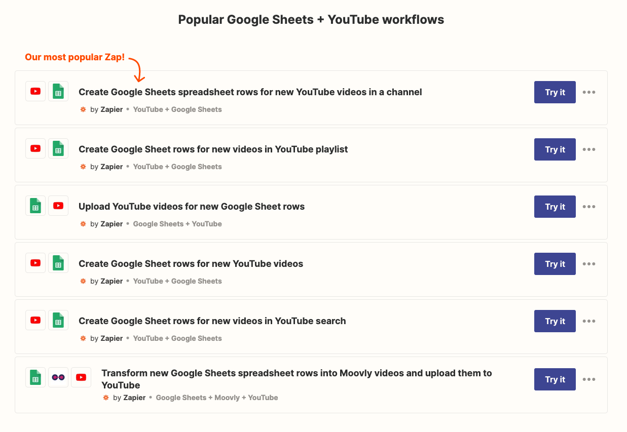 A list of Zap templates for the YouTube/Google Sheets app combo.