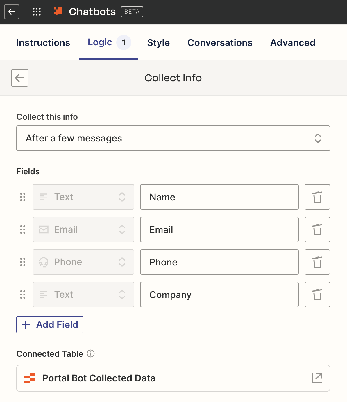 Screenshot of contact information in chatbots