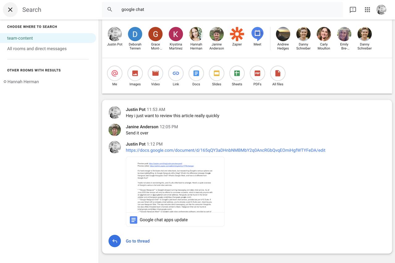 Find Google Docs documents with Hangouts search