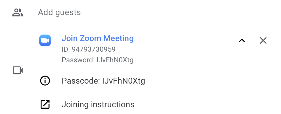 A screenshot of Zoom as the default meeting in Google Calendar