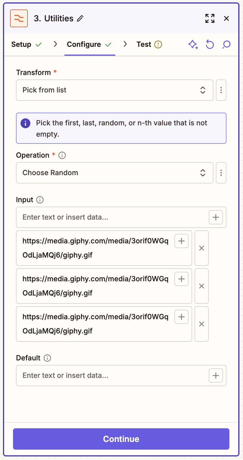 A Filter by Zapier Utilities step configured to pick a random value from a list of Giphy URLs