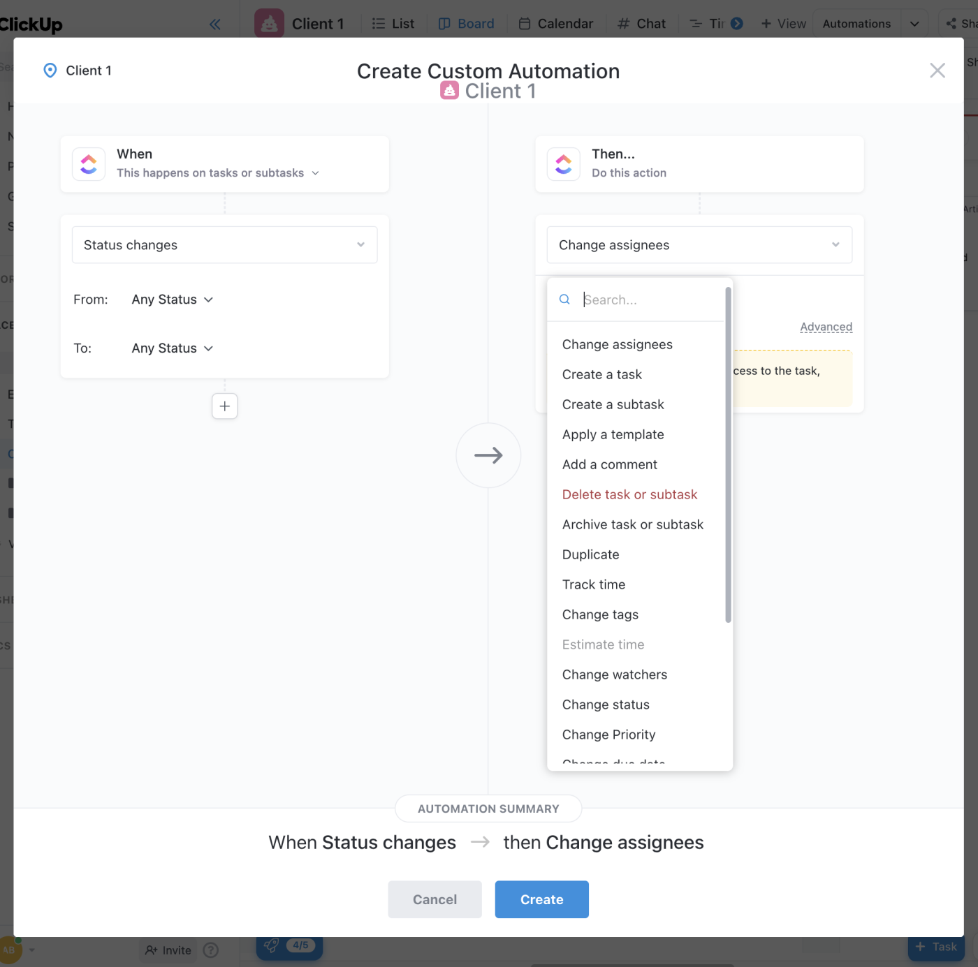 Screenshot of ClickUp's custom automation functionality 