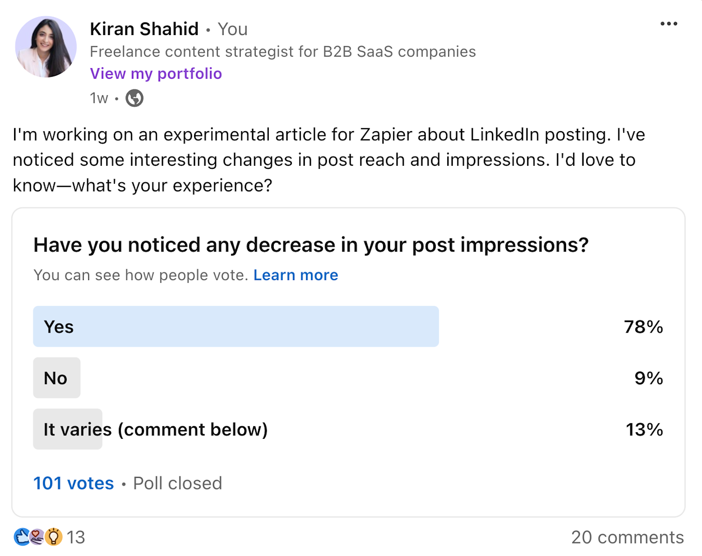 Kiran's poll, where most people noticed they saw fewer impressions in November