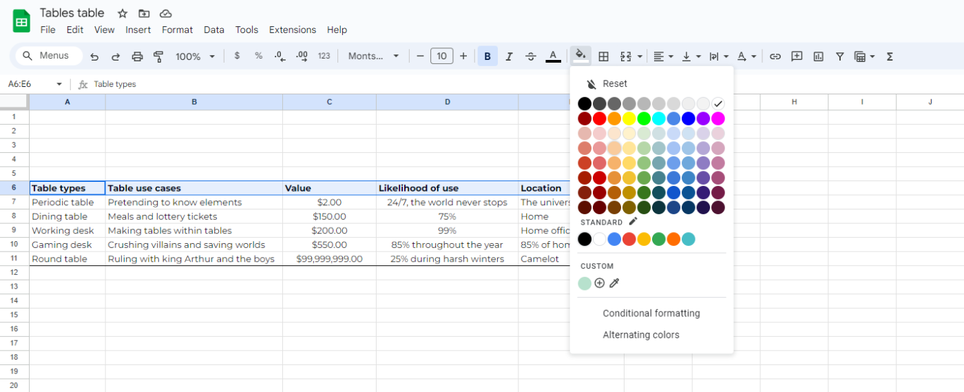 Screenshot displaying the color formatting feature in Google Sheets