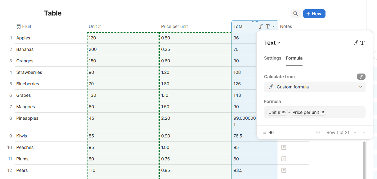 A spreadsheet formula in Coda