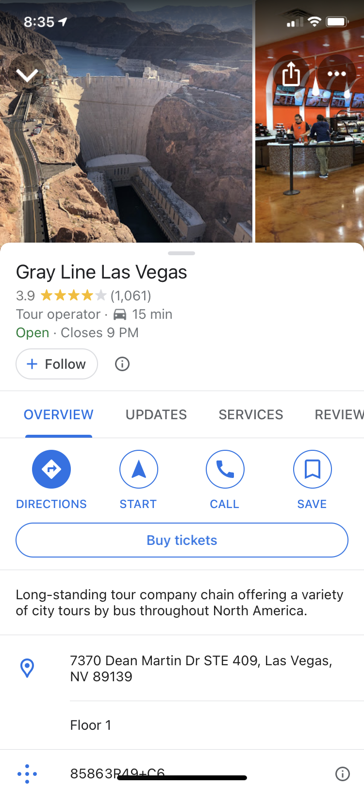 Gray Line Las Vegas GMB listing on mobile