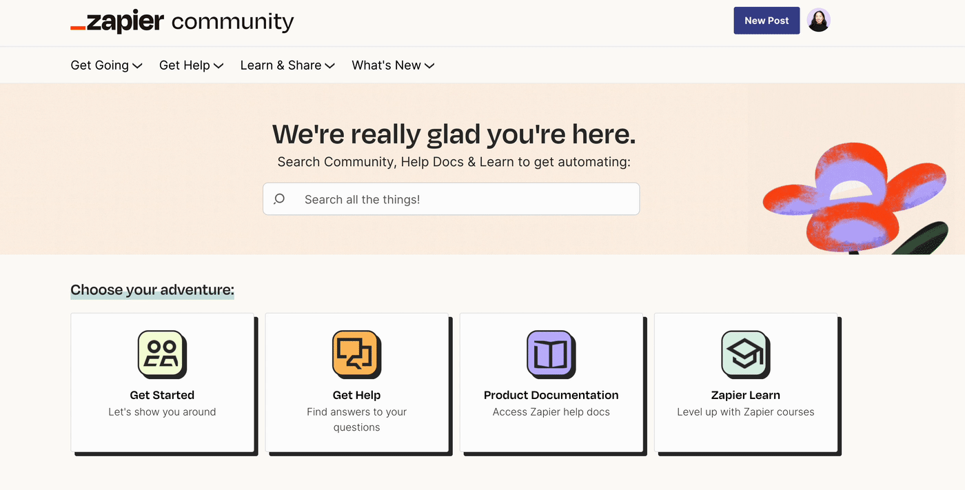The Zapier Community homepage. The cursor clicks a button with text that reads, "New post," and a new page appears with a form to post a question or start a new conversation in the community. 