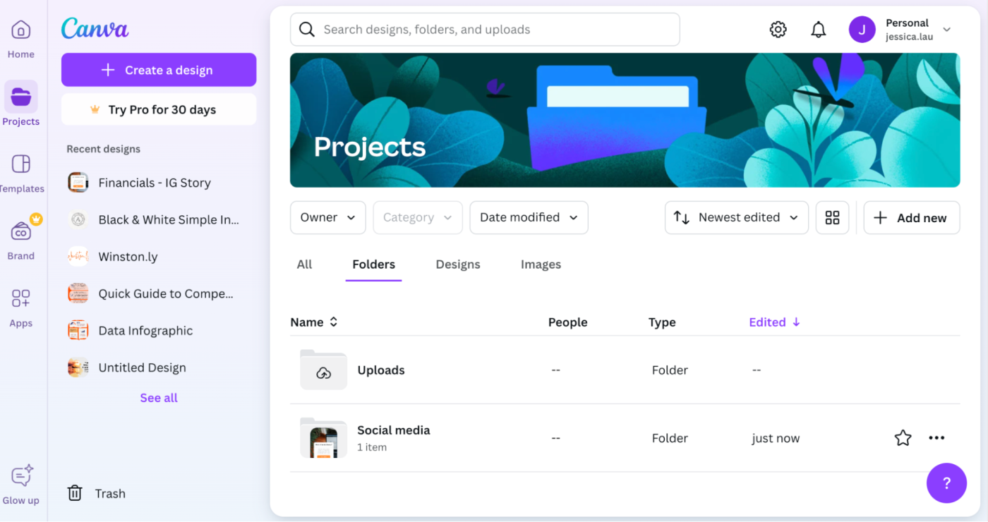 Projects view in the Canva dashboard. 