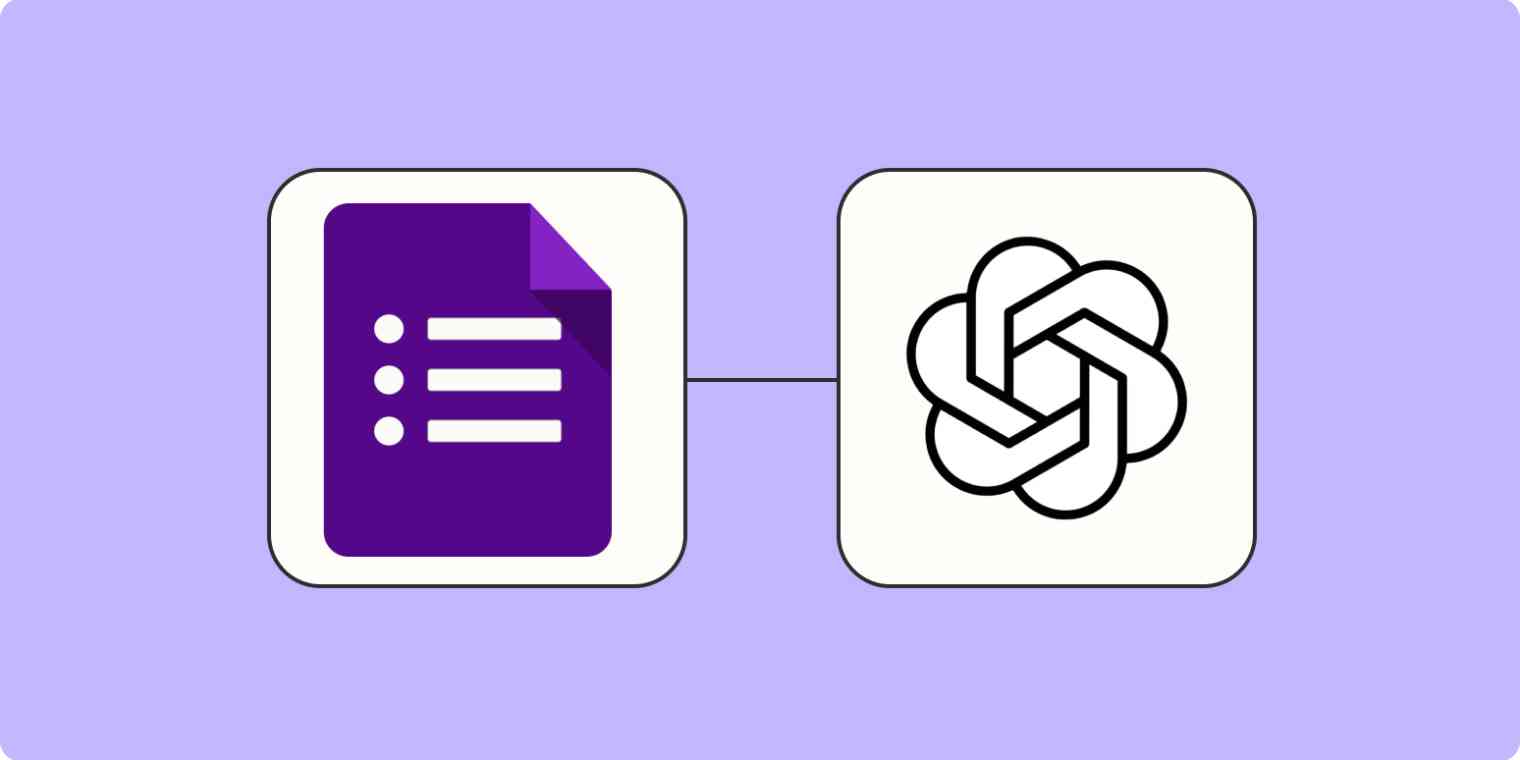 A hero image of the OpenAI app logo connected to the Google Forms app logo on a light purple background.