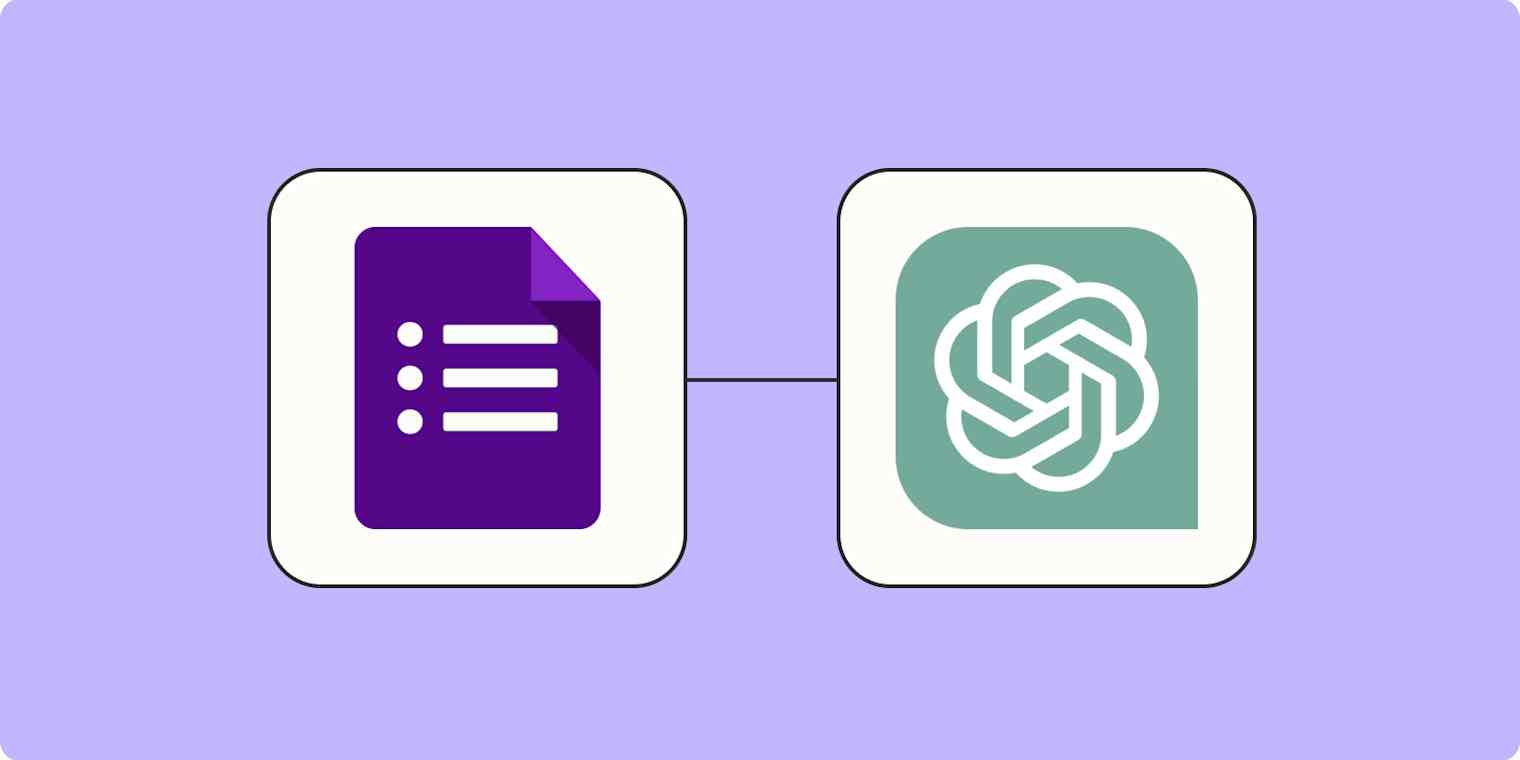 A hero image of the OpenAI app logo connected to the Google Forms app logo on a light purple background.
